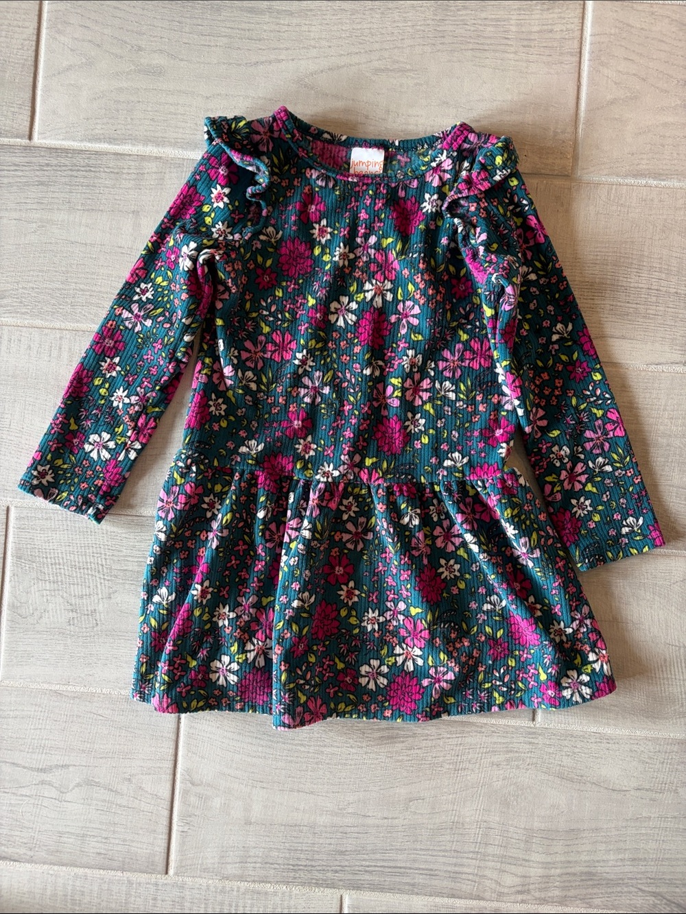 jumping beans Teal Floral Ruffle-Shoulder Knit Dress with Pink Accents